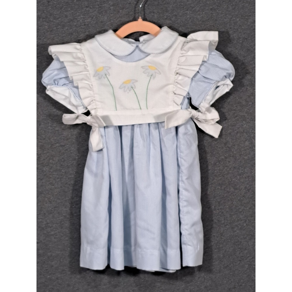 Funtasia Too Dallas Girls Blue White Grid Daisy Embroidered Pinafore Dress 4T